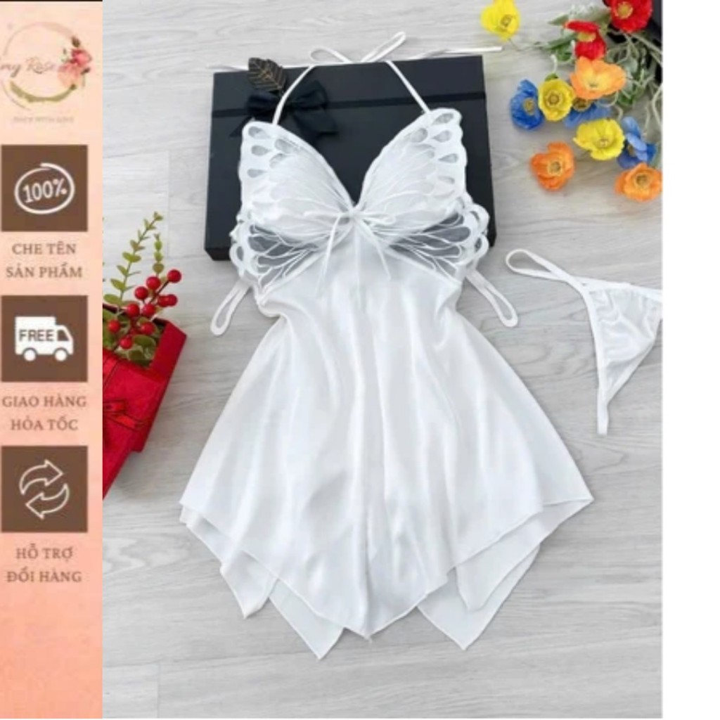 Đầm ngủ lụa 2 dây cánh tiên, váy ngủ cổ yếm vải ren sang chảnh quyến rũ kèm chip | BigBuy360 - bigbuy360.vn