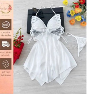  Đầm ngủ lụa 2 dây cánh tiên váy ngủ cổ yếm vải ren sang chảnh quyến rũ kèm chip 