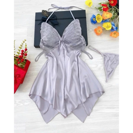 Đầm ngủ lụa 2 dây cánh tiên, váy ngủ cổ yếm vải ren sang chảnh quyến rũ kèm chip | BigBuy360 - bigbuy360.vn