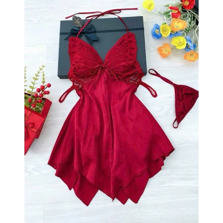 Đầm ngủ lụa 2 dây cánh tiên, váy ngủ cổ yếm vải ren sang chảnh quyến rũ kèm chip | BigBuy360 - bigbuy360.vn