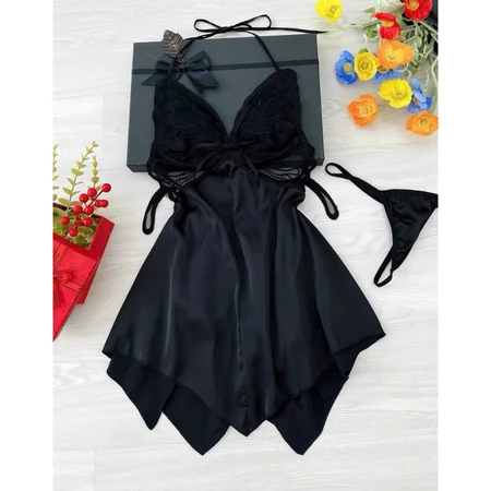 Đầm ngủ lụa 2 dây cánh tiên, váy ngủ cổ yếm vải ren sang chảnh quyến rũ kèm chip | BigBuy360 - bigbuy360.vn