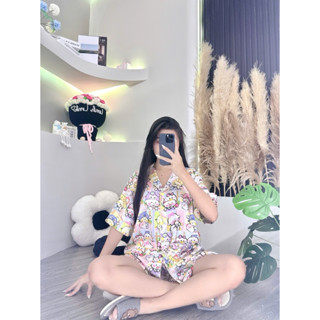  HL50-4size 40-105kg  PIJAMA TAY NGẮN QUẦN ĐÙI CỔ BẺ KÈM CỘT TÓC- FORM RỘNG 