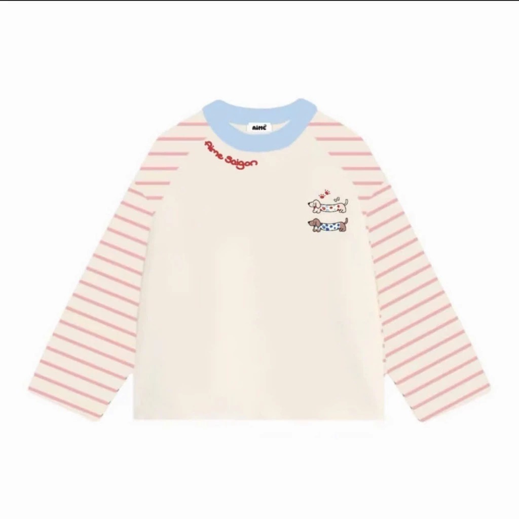 Áo Thun Tay Dài Sọc Ngang Thun Borip, Áo Raglan Long Sleeve Boxy Form Rộng Cổ Tròn "DOG - EUPHORIA Phong Cách ,Cá Tính