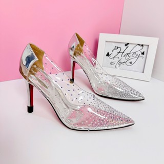  Giày ball đá hạt HALEY STORE cao gót 9cm bít mũi nhọn mika trong suốt đính hạt đá nhỏ cô dâu tiểu thư công chúa đi tiệc 