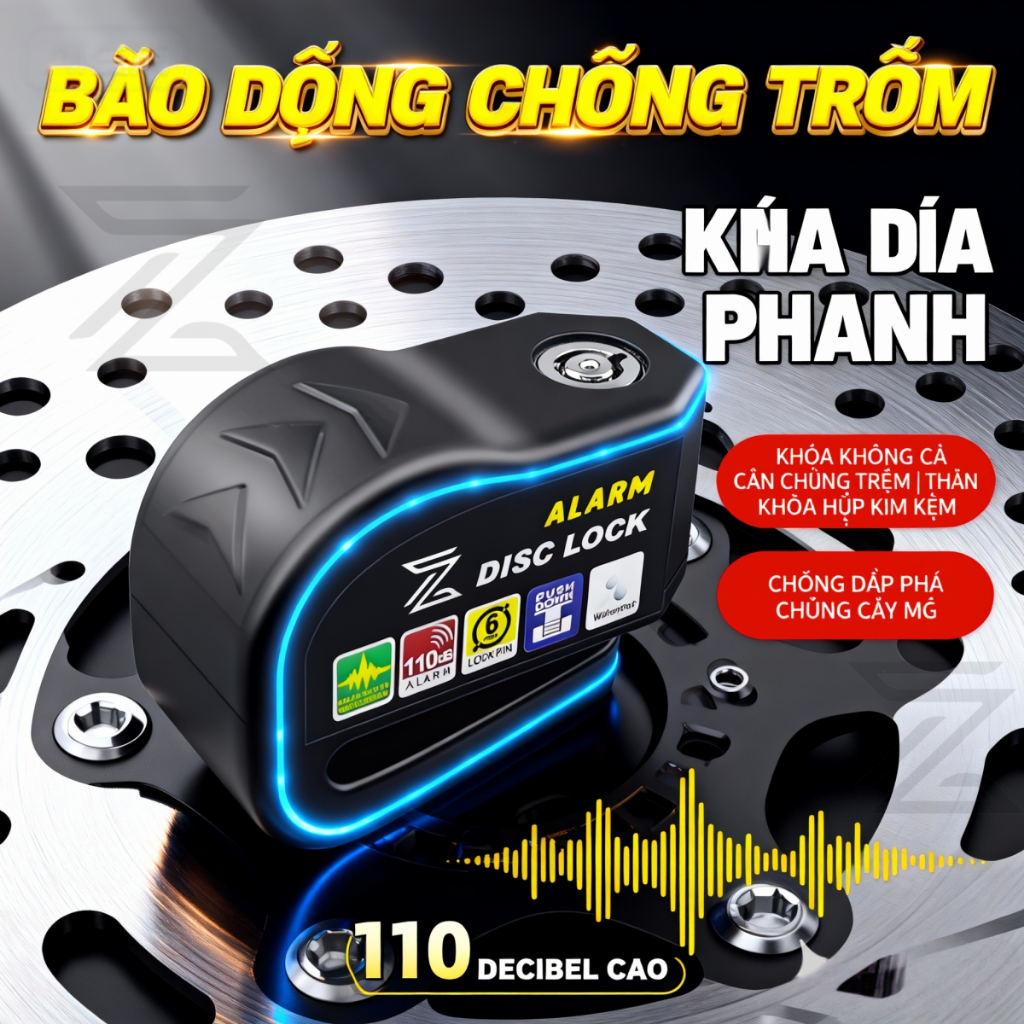 Ổ Khoá Phanh Đĩa Xe Máy Báo Động Có Còi Hú Chống Trộm Alarm Disc Lock Chống Nước An Toán Chắc Chắn