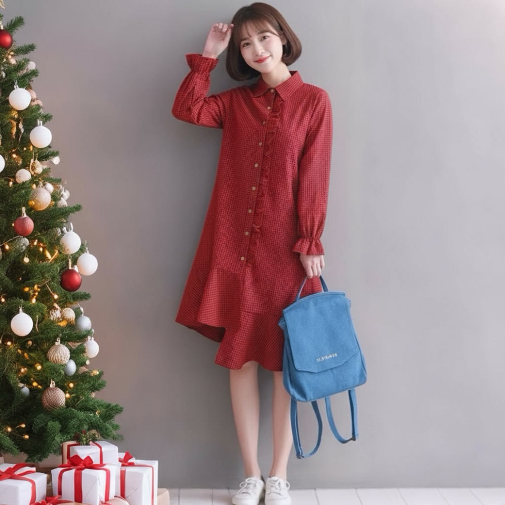 Đầm caro đỏ đen lệch tà, váy noel, váy thu đông style hàn (kèm hình thật)