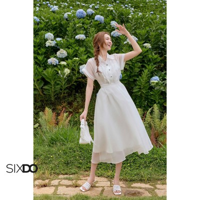 Đầm trắng voan tơ cổ đức ngắn tay SIXDO (White Organza Flared Dress)