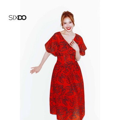 Đầm linen đỏ cổ V ngắn tay SIXDO (Red Bowtie Linen Flared Dress)