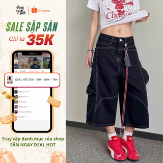  Quần jean nữ dáng lửng ống rộng Saramia quần bò ngố vải denim dài qua gối trend 2025 form retro S11 