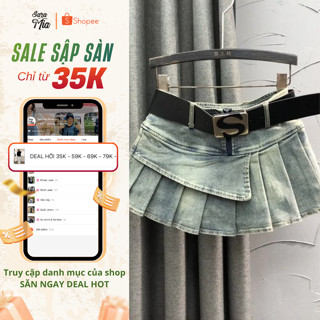   BST THU ĐÔNG 2025  Chân váy jean SARAMIA chân váy ngắn jean bò dáng chữ A xếp li màu xanh đen siêu hack dáng A27 