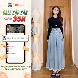   BST TẾT 2026  Chân váy jean dài SARAMIA chân váy dài váy bò chữ A cạp cao xếp ly nhẹ tua gấu V17 