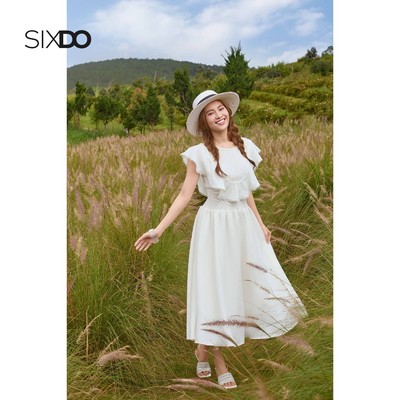 Đầm trắng xòe chun eo phối bèo vai SIXDO (White Woven Flared Dress)