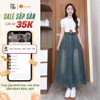   BST TẾT 2026  Chân váy jeans SARAMIA chân váy bò nữ xanh đen dáng xòe dài cạp lưng cao chất không co giãn V18 