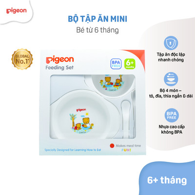 Bộ tập ăn cho bé Pigeon thuận tiện gồm bát, đĩa và muỗng thìa ăn dặm cho bé
