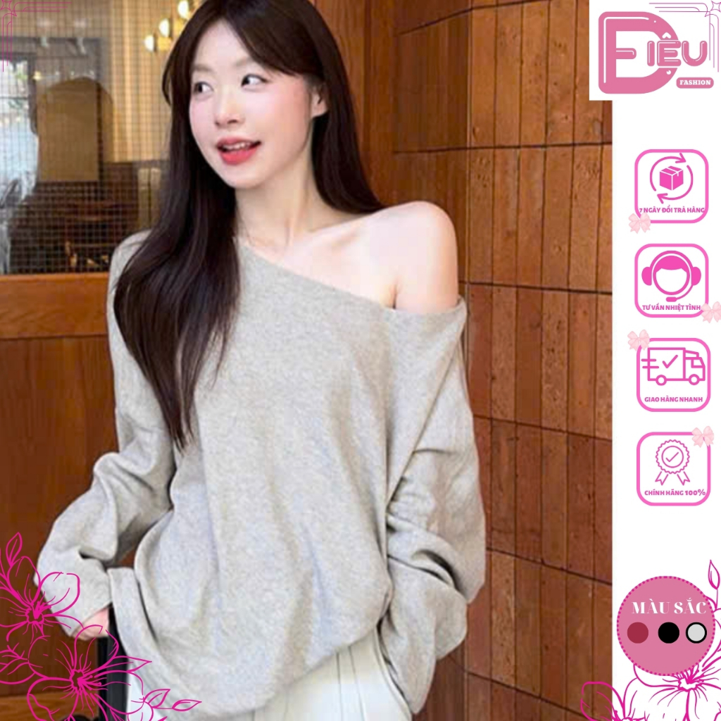Áo Thun Trễ Vai From Rộng Che Khuyết Điểm Chất Cotton Mịn, Áo Dài Tay Nữ Lệch Vai Dáng Rộng Mặc Nhiề