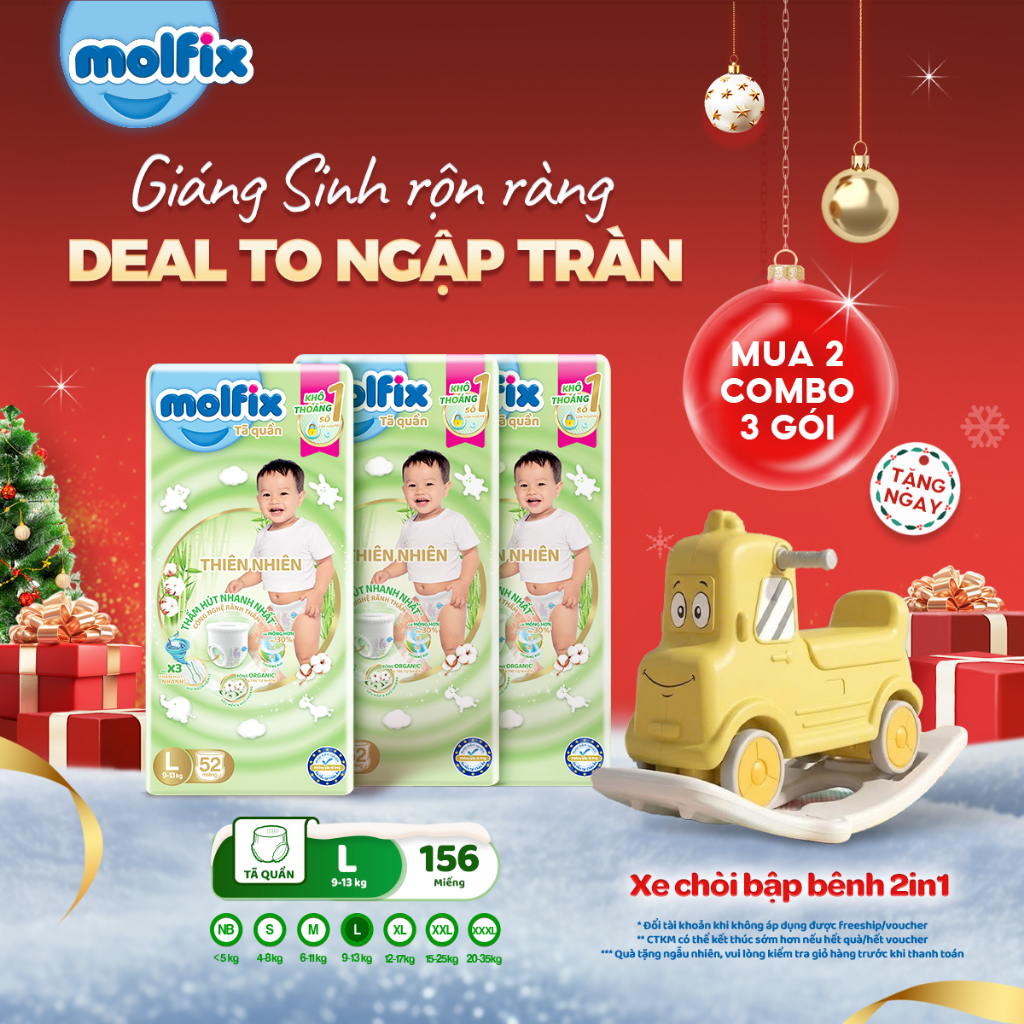   Tặng Xe Chòi Bập Bênh 2in1 - Mua 2 Combo đủ 999K  Combo 3 Tã bỉm quần Molfix Thiên nhiên Super Jumbo size M L XL XXL 