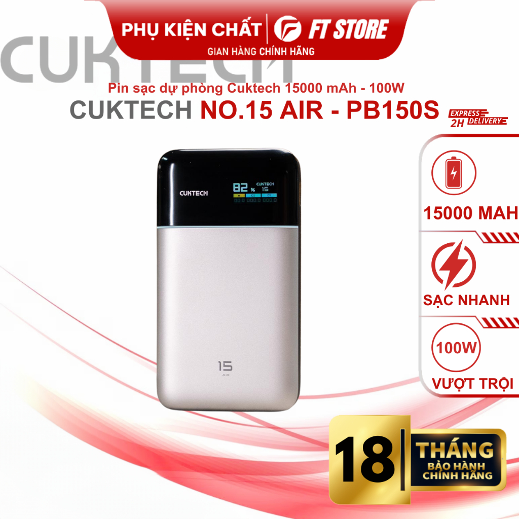 Pin dự phòng Cuktech 15 Air Power Bank PB150S 15.000mAh Thiết kế siêu mỏng nhẹ, màn hình tiện lợi