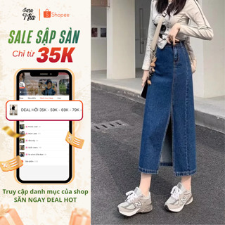   DEAL HỜI  Chân váy jean dài váy bò lưng cao dáng chữ A xẻ lệch tà phong cách ulzzang V2 