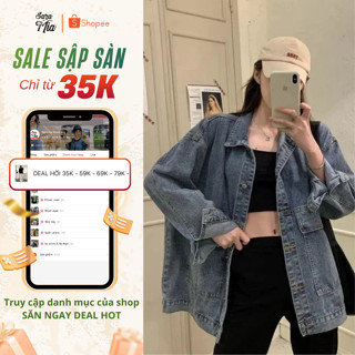 Áo khoác bò SARAMIA form rộng khoác jean nữ dài tay túi hộp trơn màu xanh đen Q1