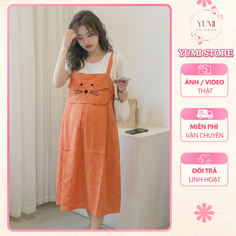 Đầm Bầu Yếm Cam Mặt Mèo Cute – Váy Bầu Mùa Hè Siêu Xinh – YUMI STORE
