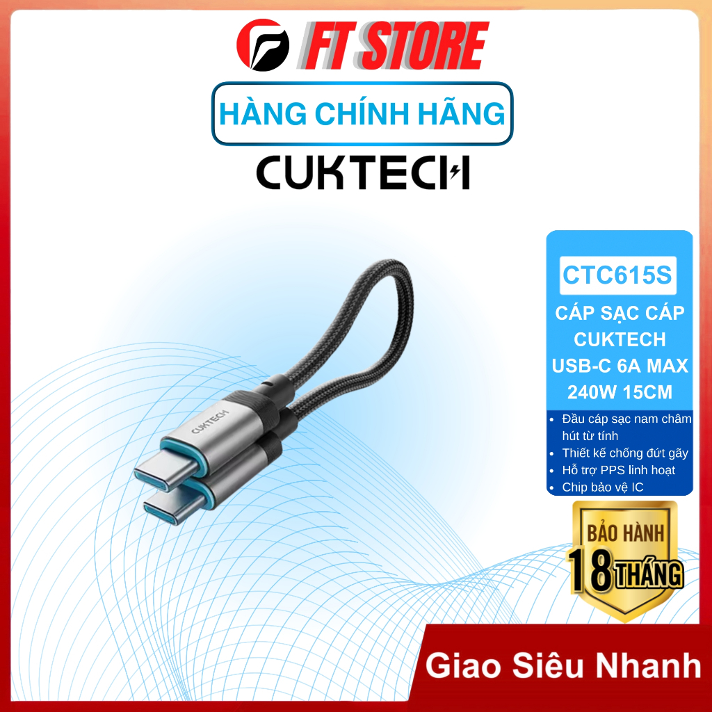 Cáp sạc nhanh Cuktech USB-C 6A 240W - CTC615S dài 15cm Hít từ tính, chống đứt gãy, hỗ trợ PPS
