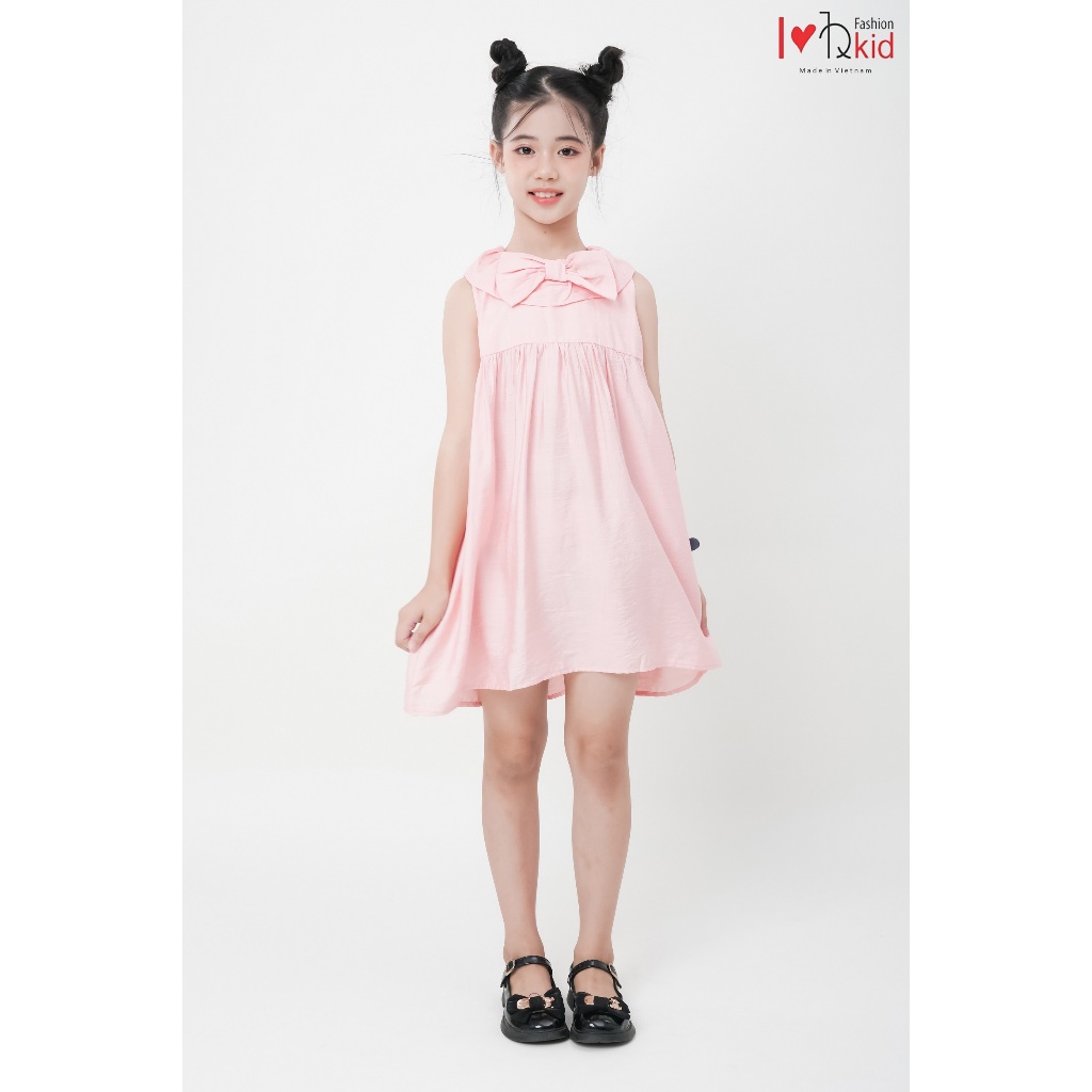 Hqlens Váy Bé Gái 6-10 Tuổi Cổ Nơ Chất Đũi Trơn Cao Cấp, Đầm Công Chúa Dáng Xòe Thanh Lịch, Đồ Hè Đi