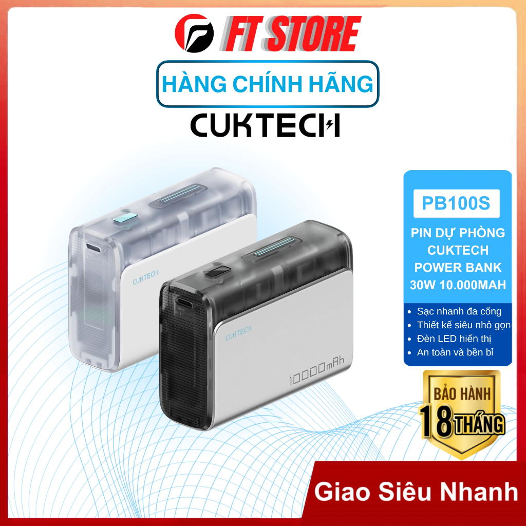 Pin dự phòng Cuktech Power Bank 30W- PB100S 10.000mAh Sạc nhanh đa cổng, siêu nhỏ gọn, đèn LED hiển 
