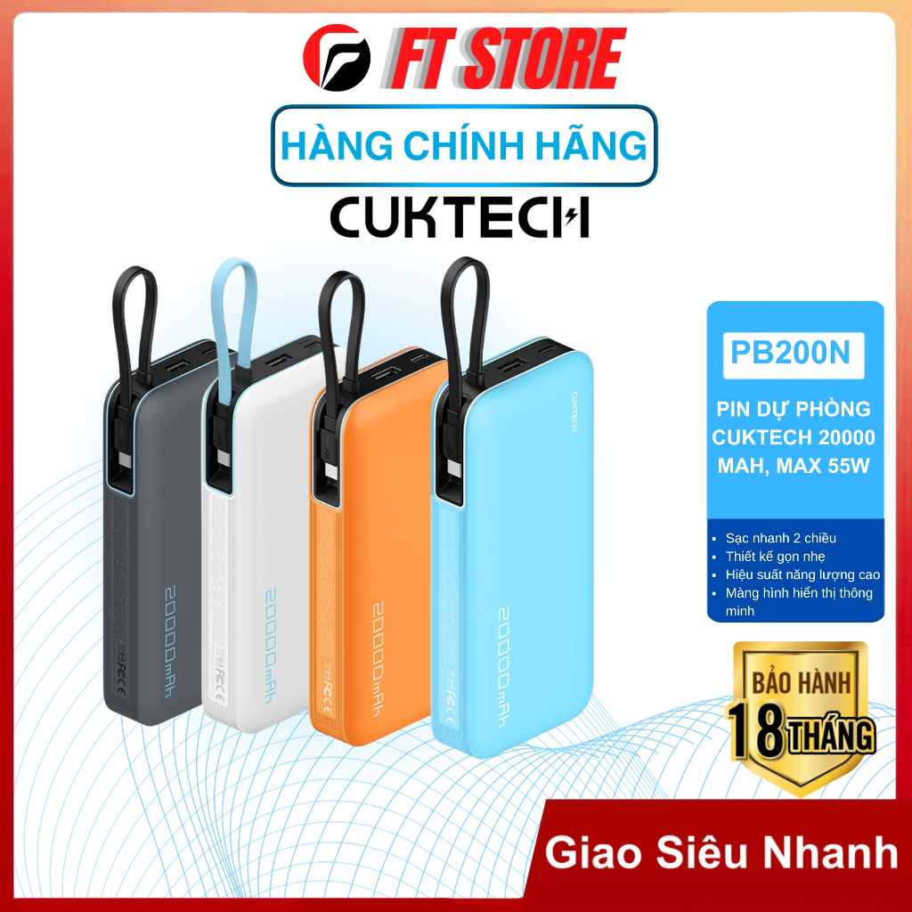 Pin Dự Phòng Cuktech 20000 mAh, max 55W- PB200N Dung lượng lớn, sạc nhanh hiệu quả, màn hình LED