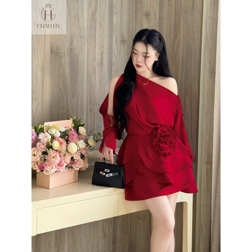 Đầm Lụa Đỏ Hoa 3D 𝐋𝐮𝐧𝐚𝐂𝐥𝐚𝐬𝐬𝐲 Đầm Lụa Trễ Vai Tay Dài Chuẩn Châu Hy CH9449FS