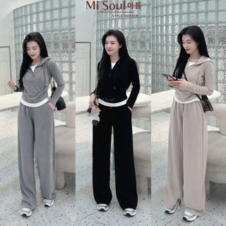  Set Len Dài Tay Nữ Len Lông Thỏ Bộ Thu Đông Có Mũ Cúc Cổ Phối Viền Trắng Nhún Eo Mix Quần Suông Dài BigSize 336 