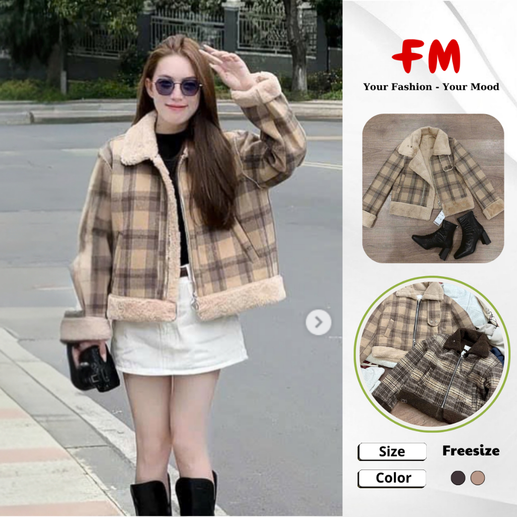 Áo Khoác Dạ Nữ Cổ Bẻ Lông Đai Kẻ FMSTYLE SHOP – Form Đẹp Giữ Ấm Mùa Lạnh 25120204