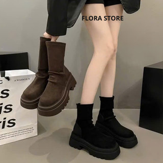  Giày bốt nữ đế cao boot cổ lửng màu nâu đen boot da trơn cao cấp phong cách sang chảnh FLORA mã B06 