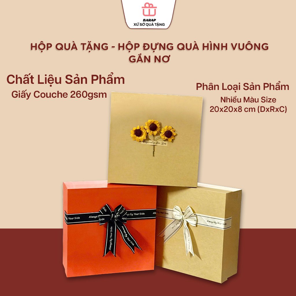 Hộp Đựng Quà Tặng Sinh Nhật, Ngày Lễ Hình Vuông Gắn Nơ, Hoa Khô Nhiều Màu Size 20x20x8 cm (DxRxC)