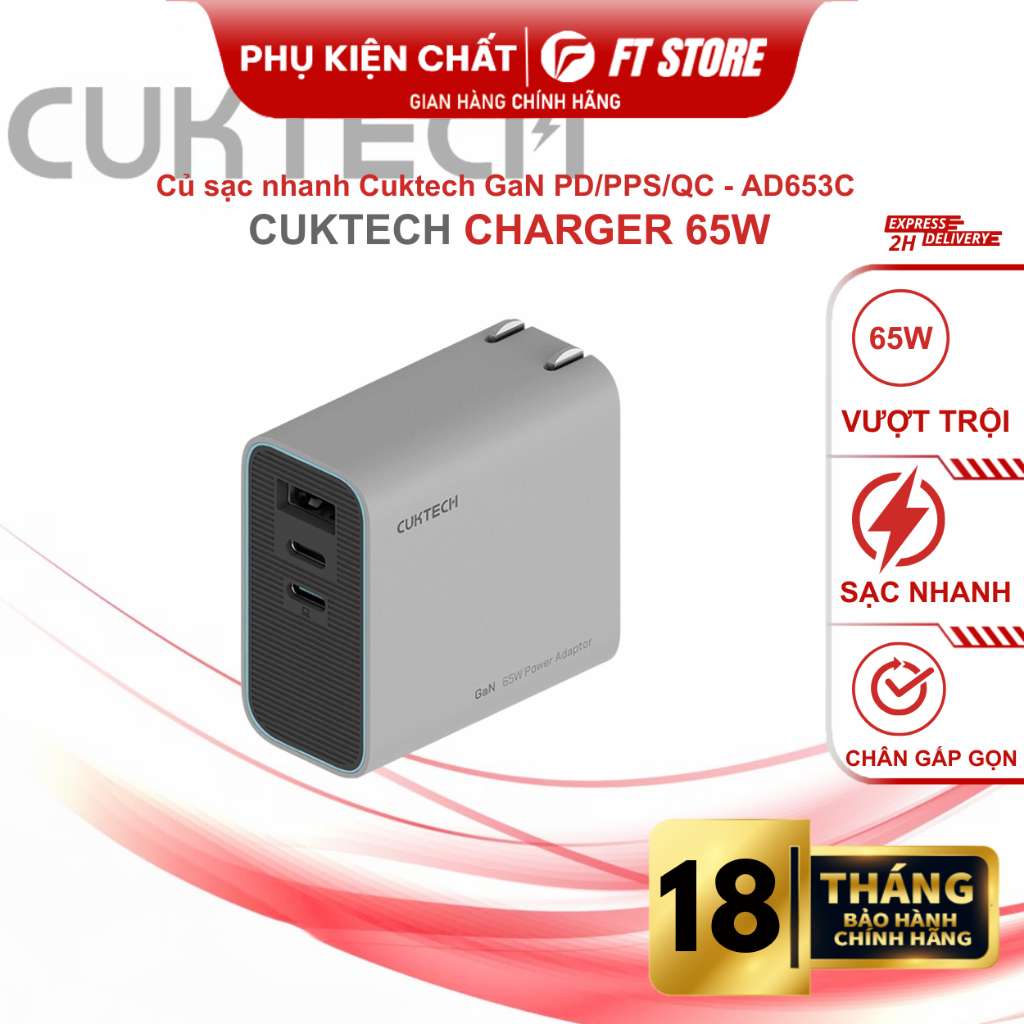 Củ sạc nhanh Cuktech Multi-ports GaN Charger 65W (2C1A) PD/PPS/QC3+ – AD653C nhỏ gọn tiện lợi