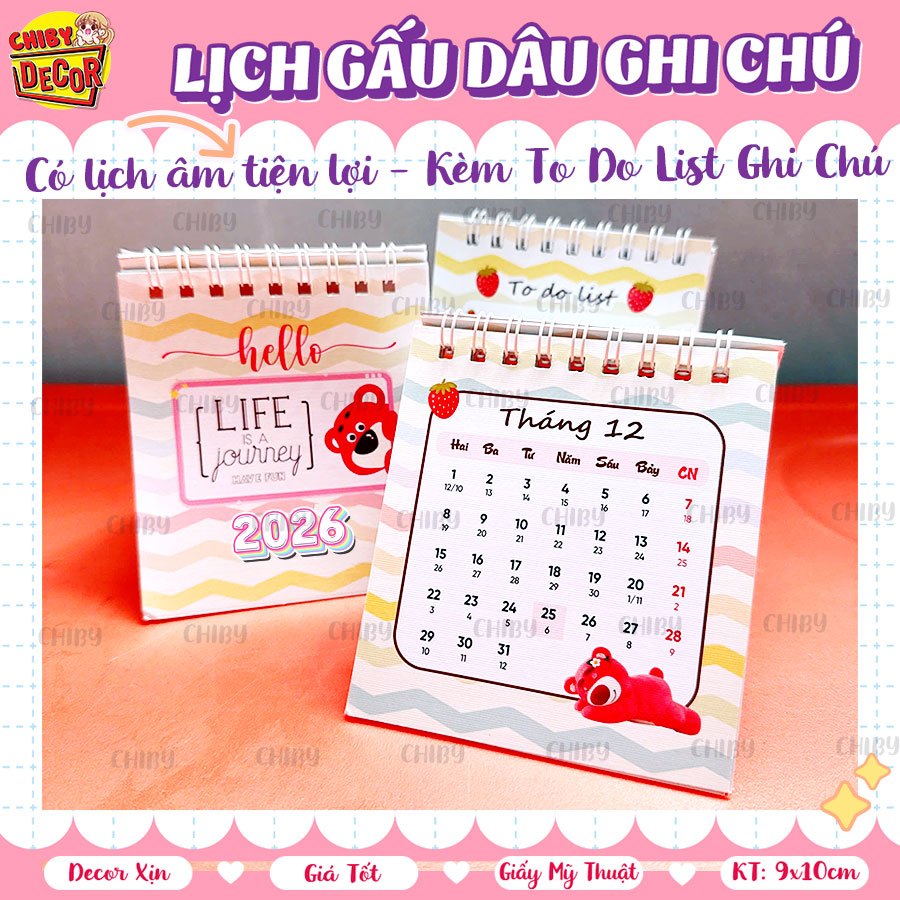 Lịch 2026 Gấu Dâu Kèm To Do List 🍓 Sổ Tay Lịch 2026 Có Lịch Âm Tiện Lợi - Lịch Để Bàn Mini - Lịch Bỏ