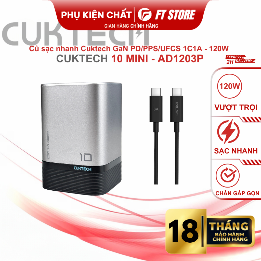 Củ sạc nhanh CUKTECH 120W GaN 3 Cổng 2C1A hỗ trợ chuẩn sạc Mi Turbo 120W PD/PPS - AD1203P Chính hãng