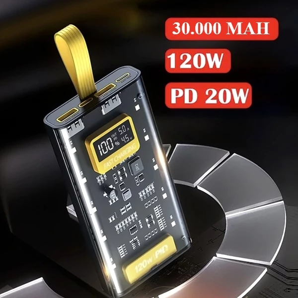 Pin DỰ PHÒNG 30.000mAh TRONG SUỐT – NHANH 120W và PD25W  4 DÂY SẠC TÍCH HỢP – 6 Cổng - MÀN HÌNH LED% | BigBuy360 - bigbuy360.vn