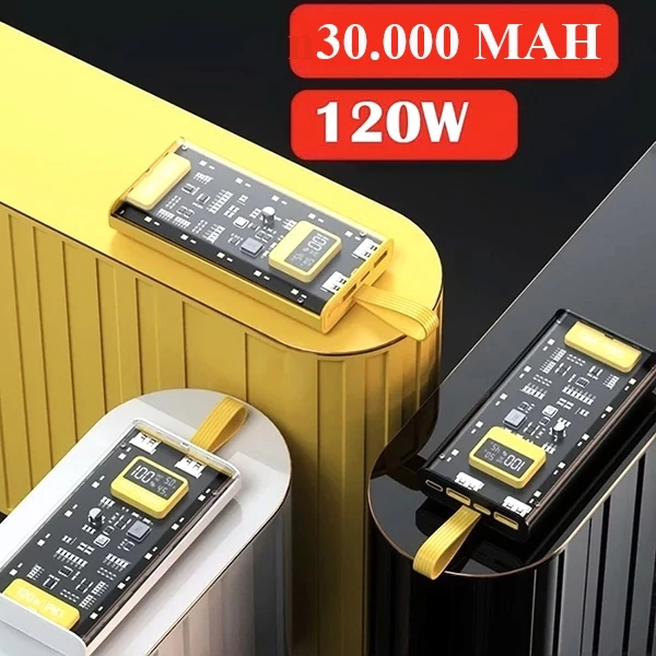 Pin DỰ PHÒNG 30.000mAh TRONG SUỐT – NHANH 120W và PD25W  4 DÂY SẠC TÍCH HỢP – 6 Cổng - MÀN HÌNH LED% | BigBuy360 - bigbuy360.vn