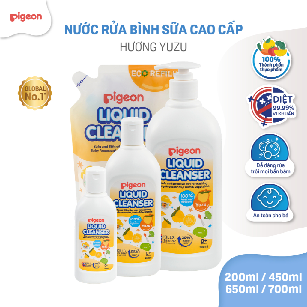 Nước rửa bình sữa cho bé Pigeon thành phần thực phẩm an toàn diệt khuẩn 99.99% chính hãng hương Yuzu