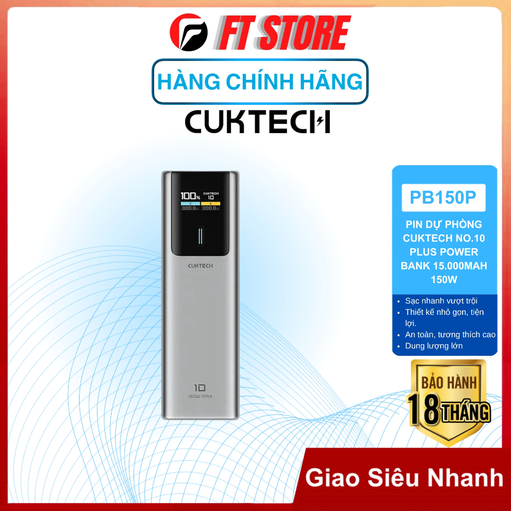 Pin dự phòng Cuktech No.10 Plus Power Bank 15.000mAh - PB150P 150W Đa cổng kết nối, sạc nhanh, bền b