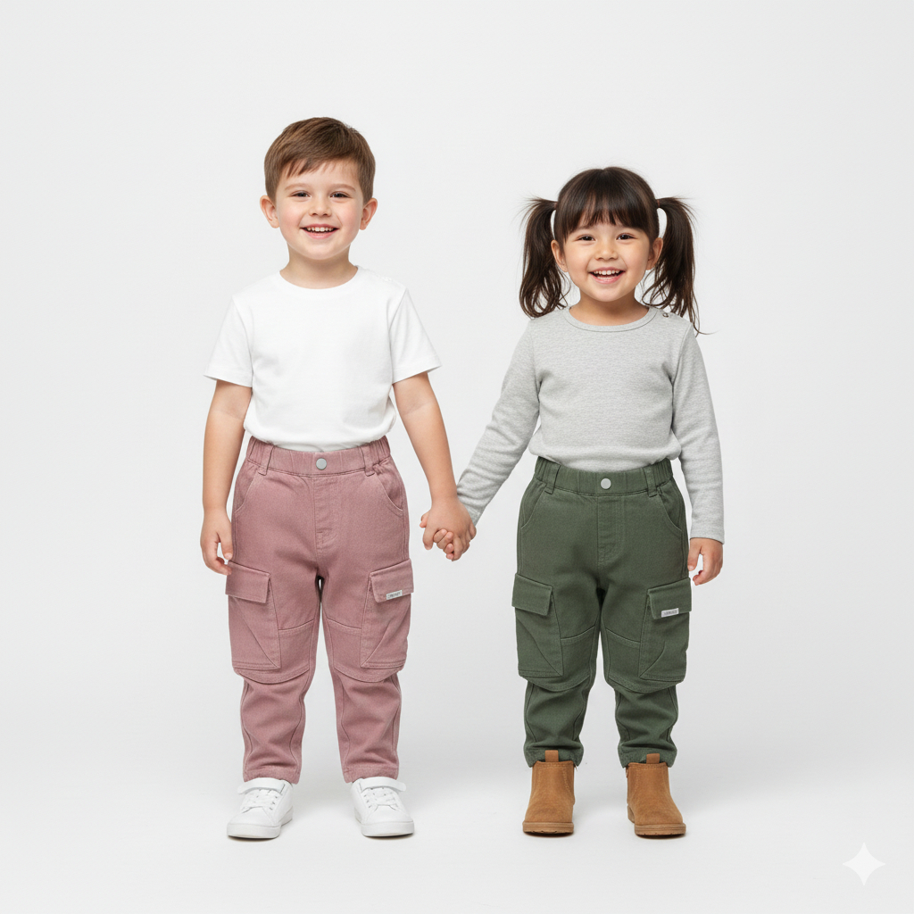 12-32kg Quần Cargo Bé Gái Màu Xanh Lính GZ03 Vải Jean Mềm, Ống Suông Túi Hộp Thời Trang Cho Bé