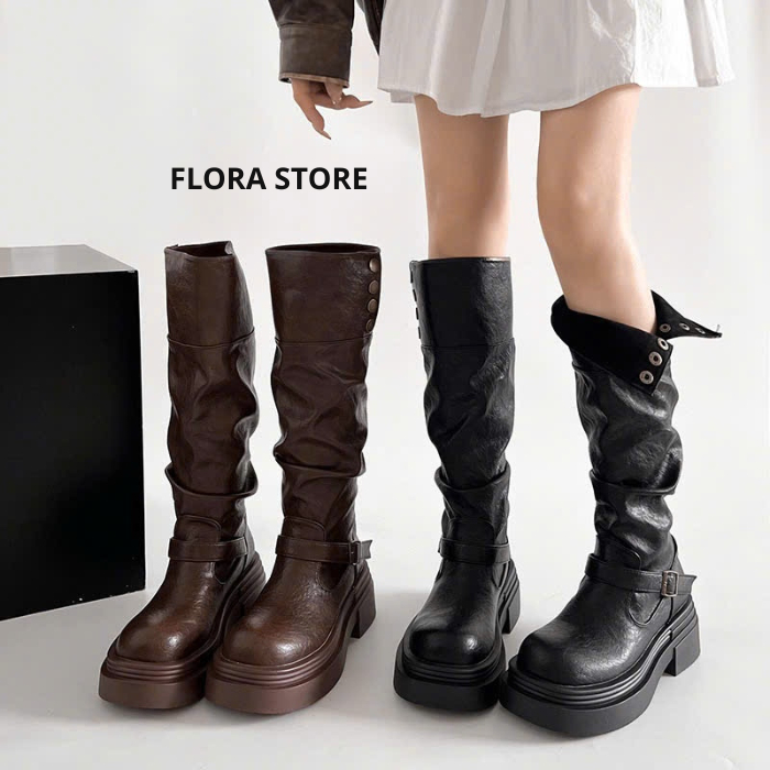 Giày bốt nữ đế dày da trơn, boost nữ cổ 6cm cao hách dáng hàng QCCC phong cách mùa đông FLORA B12