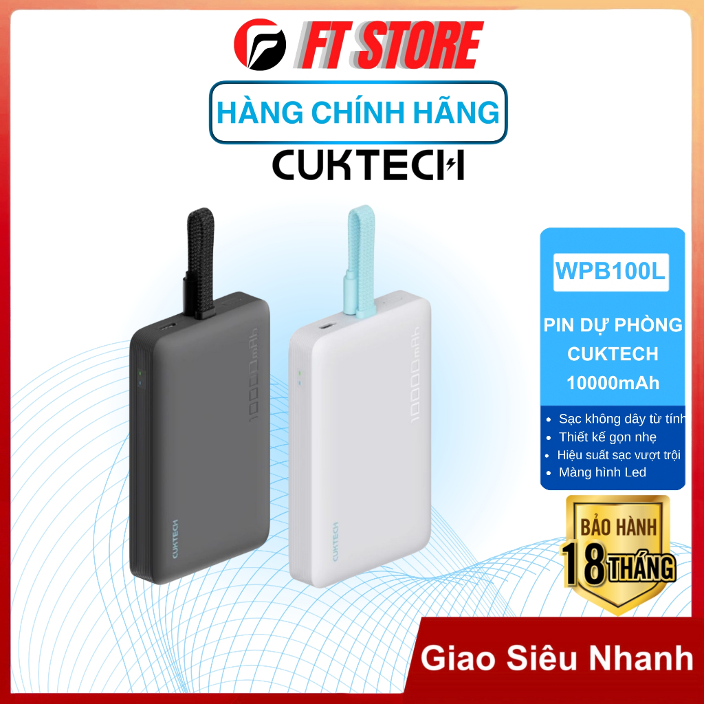 Pin dự phòng CuktecH WPB100L 10000mAh Sạc từ tính, thiết kế nhỏ gọn, bền bỉ, hiệu suất sạc nhanh đa 