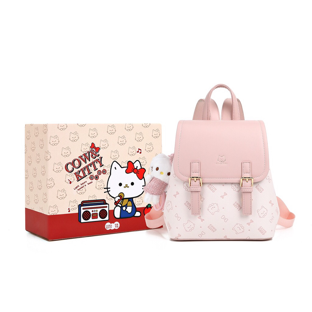 Balo Cow&Kitty hồng 2 khuy kèm charm full box chính hãng