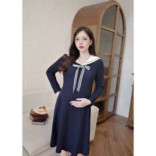  Váy Đầm Bầu Len Thu Đông Xanh Phối Cổ Kem Thiết Kế Joamom Dáng Suông Co Giãn Công Sở JVB0094 