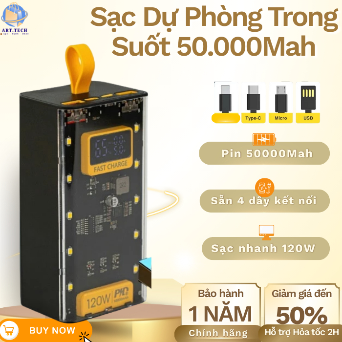 Sạc Dự Phòng 50000mAh Sạc Nhanh 120W  Thiết Kế Mới Đèn Led RGB Hiện %pin  Kèm 4 Đầu Sạc Tiện Lợi