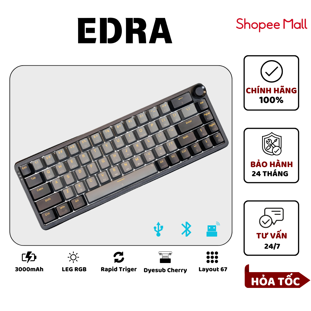 Bàn Phím Cơ Không Dây EDRA EK368RT Triple Mode (USB / Bluetooth / 2.4Ghz / 3000mAh / Led RGB)
