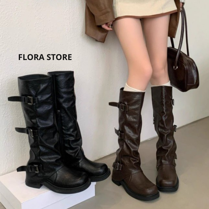 Giày Bốt Nữ Ống Cao Da Mềm Cổ Nhún Khóa Đai Gót Vuông Phong Cách Western - FLORA B23