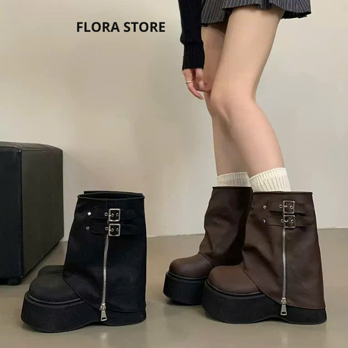 Giày Bốt Nữ Đế Bánh Mì Khóa Kéo Cá Tính Da Mềm Cao Cấp Cá Tính Phong Cách Punk Rock FLORA B21