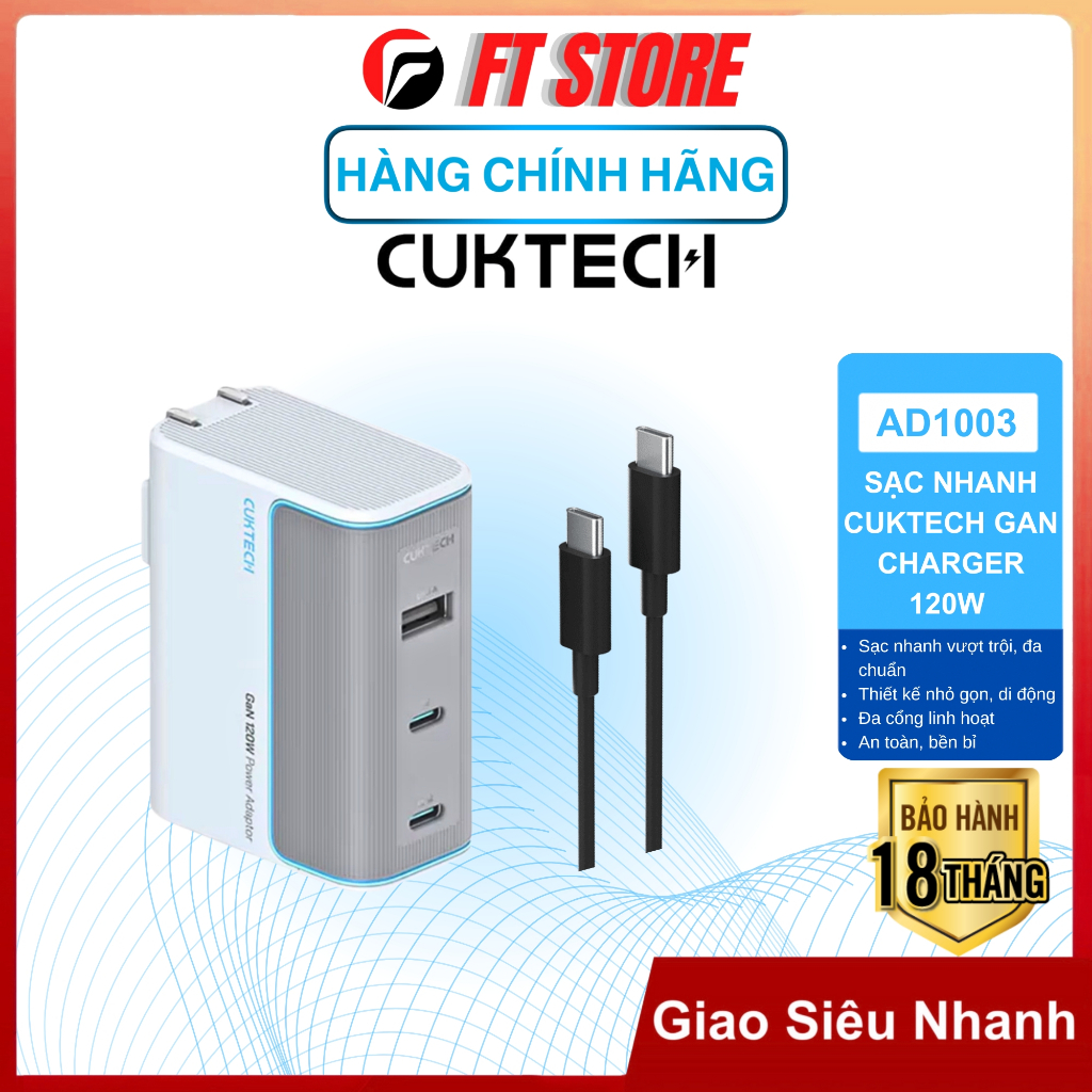 Sạc nhanh Cuktech GaN Charger- AD1003 120W Sạc nhanh vượt trội, thiết kế nhỏ gọn, tương thích rộng